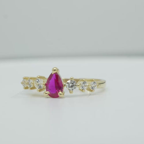 14KT Gold Ring Women's Red Pear CZ Center 3 Round White CZ Stones Shoulders Plain Band