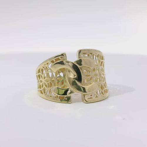 14KT Gold Ring Women's Abstract CC Style Top Split Band Design Flower Petal Lattice Band