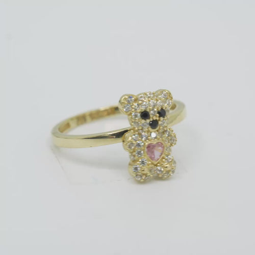 14KT Gold Ring Small White CZ Stones Teddy Bear with Pink Heart CZ Stone Belly, Black Eyes, and Plain Band
