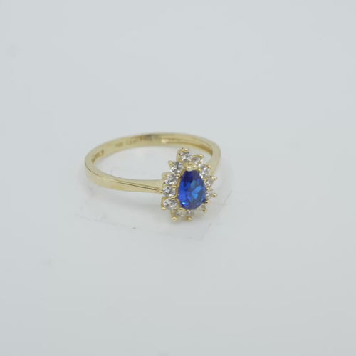14KT Gold Ring Women's Flower Pear Navy Blue Center Stone with White CZ Stone Petals Border Plain Band