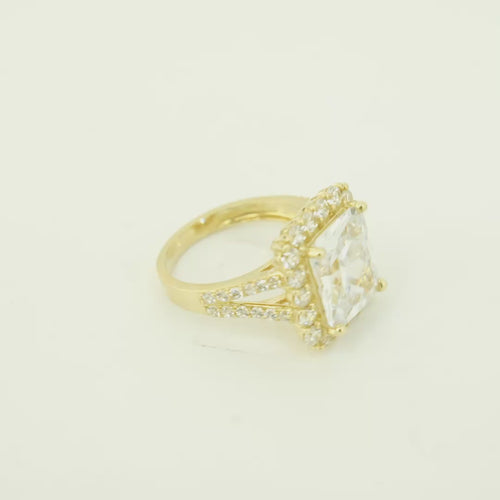 14KT Gold Women's Ring Jumbo Rectangle White Center CZ Stone with Round White CZ Stones Border and Split White CZ Stones Band