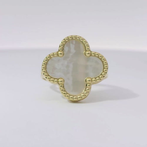 14KT Gold Ring Women's Jumbo Pearl Color Clover with Beaded Border and Plain Split Band