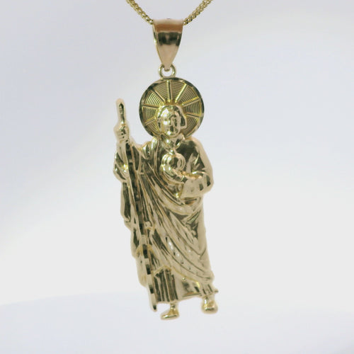14KT Gold Charm Extra Large Diamond Cut Halo Left Facing St Jude with Plain Bell