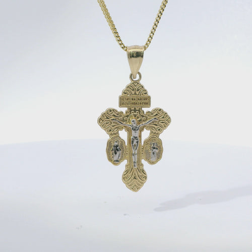 14KT Gold Charm Small Two Tone Crucifix Cross with Virgin Mary and St Benedict Sides Cross with Plain Bell
