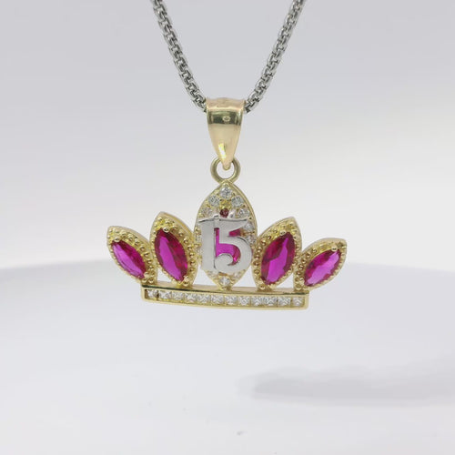 14KT Gold Charm Jumbo Two Tone Quincenaera "15" Center Dark Pink Marquise Crown with White CZ Round Stones Band and Plain Bell