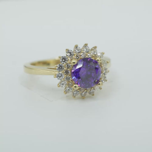 14KT Gold Ring Women's Round Purple Center CZ with Round Double CZ Border Plain Band