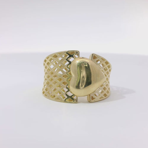 14KT Gold Ring Women's Abstract Round Bubble Heart Top Split Band Design Lattice Band
