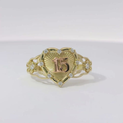 14KT Gold Ring Women's Quinceanera "15" Two Tone Sunray Heart Center White CZ Stone Border and Open Rose Vine Band