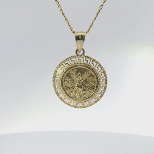 14KT Gold Charm Medium "50 Pesos" St Michael Coin with Open Green Border and Plain Bell