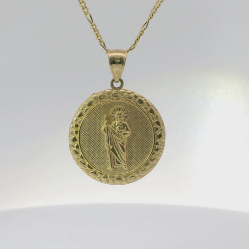 14KT Gold Charm Large Round St Jude Coin with Nugget Border and Plain Bell