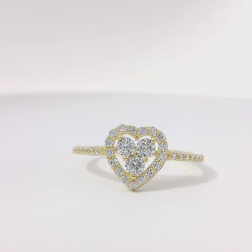 14KT Gold Ring Women's Three White Round Center CZ Stones Center Open Heart Outline Border White CZ Stones Band