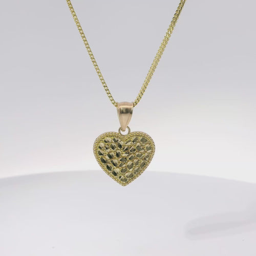 14KT Gold Charm Medium Heart Nugget with Beaded Border and Plain Bell
