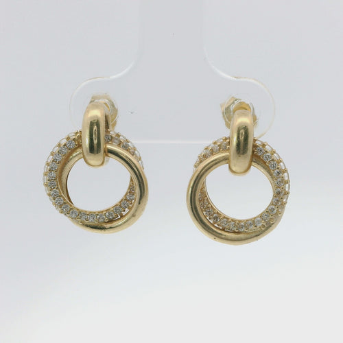 14KT Gold Earrings Medium Round Two Strand Open Center Dangling Interlocking White CZ Stones Rings with Plain Bar, Push Back Post, and Butterfly Backs