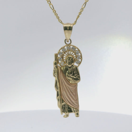 14KT Gold Charm Small Two Tone St Jude Left Facing with White CZ Stones Sunray Halo and Plain Bell