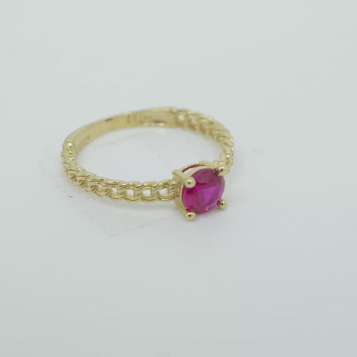 14KT Gold Ring Women's Round Red 4 Prong Center Stone with Chino Band
