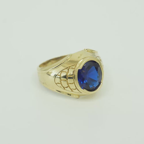 14KT Gold Ring Men's Oval Blue Round CZ Stone Plain Border Brick Print on Band