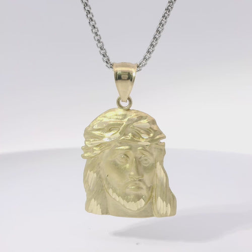 14KT Gold Charm Large Right Facing Jesus Head with Thorn Crown and Plain Bell