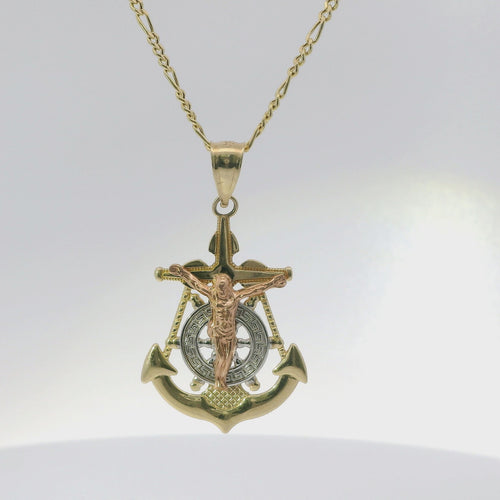 14KT Gold Charm Large Tri Tone Crucifix Anchor with Plain Bell