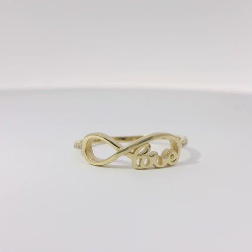 14KT Gold Ring Women's Light Weight White CZ Stone Band with Infinity Loop "Love" Center