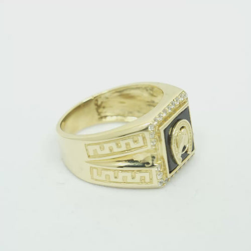14KT Gold Ring Men's Onyx Square Horse Portrait with Horseshoe Frame and White CZ Stone Border Side Design Greek V Shape Border