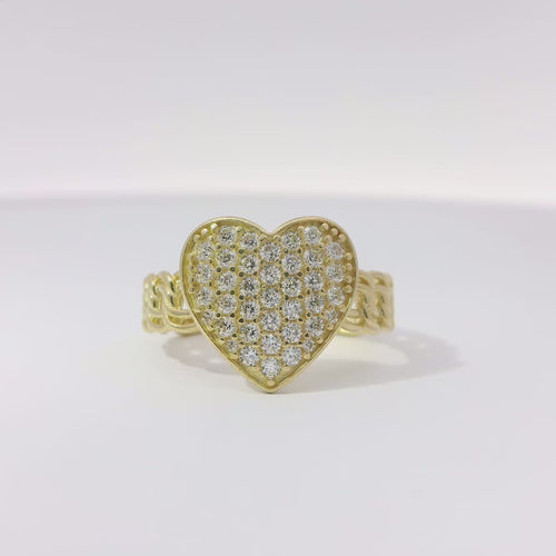 14KT Gold Ring Women's Cluster Curved White CZ Stones Heart Center with Plain Borders and Chino Link Band
