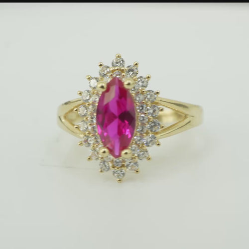 14KT Gold Ring Women's Marquise Magenta Pink Center CZ with Round Double CZ Border Plain Split Band