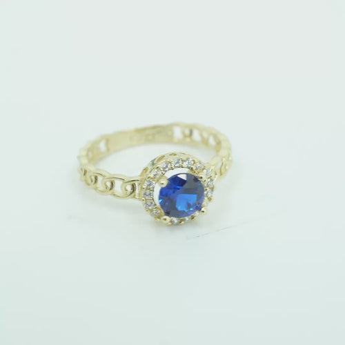 14KT Gold Ring Women's Round Royal Blue Center Stone with White CZ Stone Border and Chino Band