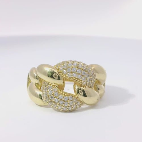 14KT Gold Ring Women's Plain Puff Cuban Band with One White CZ Stone Link in Center and Plain Band