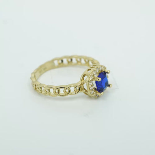 14KT Gold Ring Women's Square Navy Blue Center Stone with White CZ Stone Border Chino Band