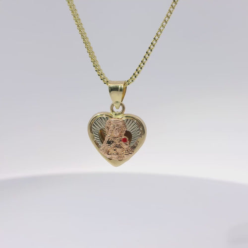 14KT Gold Charm Small Tri Tone St Clare Heart with Red Enamel Lantern and Plain Bell