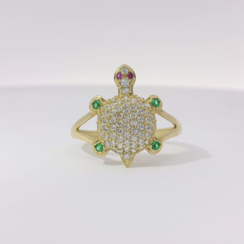 14KT Women's Gold Ring Mini White CZ Stone Turtle Shell with Red CZ Eyes and Green Feet Plain Border Plain Split Band