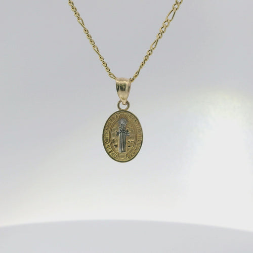14KT Gold Charm Extra Small Two Tone Oval St Benedict Coin with Plain Bell