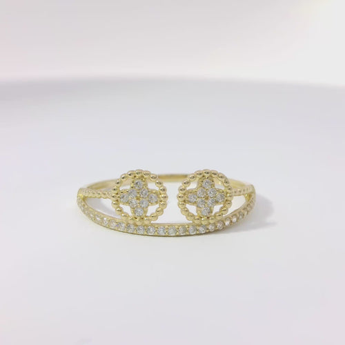14KT Gold Ring Women's Light Weight Split Double White CZ Stones Clovers Center with Beaded Border and Split White CZ Stones Band