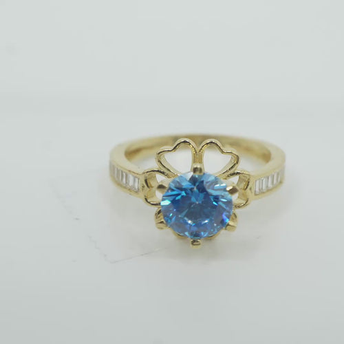 14KT Gold Ring Women's Round Aqua Blue CZ Center Stone Open Flower Heart Petals with White CZ Baguette Stone Band