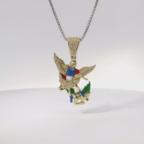 14KT Gold Charm Medium St Michael with Red, Blue, Green, and White Enamel with White CZ Stones Wings and Bell