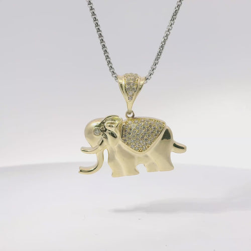14KT Gold Charm Medium 3D Puff Elephant with Flat Heart Cut Out Back, White CZ Stone Eye, White CZ Stones Blanket and Bell