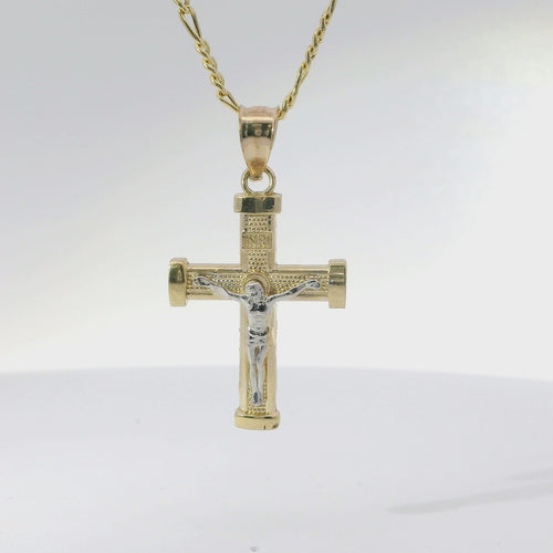 14KT Gold Charm Extra Small Two Tone Bar End Crucifix Cross with Plain Bell