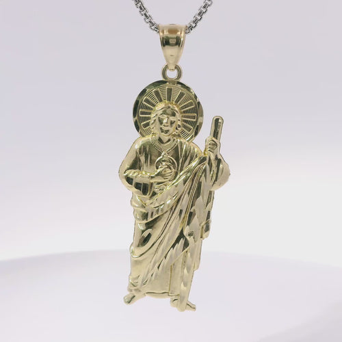 14KT Gold Charm Medium Right Staff Sunray Halo St Jude with Plain Bell