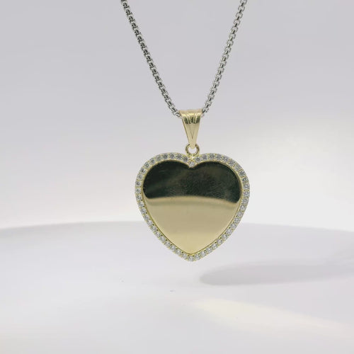 14KT Gold Charm Medium Flat Plain Engravable Heart with White CZ Stones Border and Plain Bell