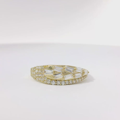 14KT Gold Ring Women's Light Weight White CZ Baguette Stones Wheat Stem Closed Lasso with Round White CZ Stones Borde and Band