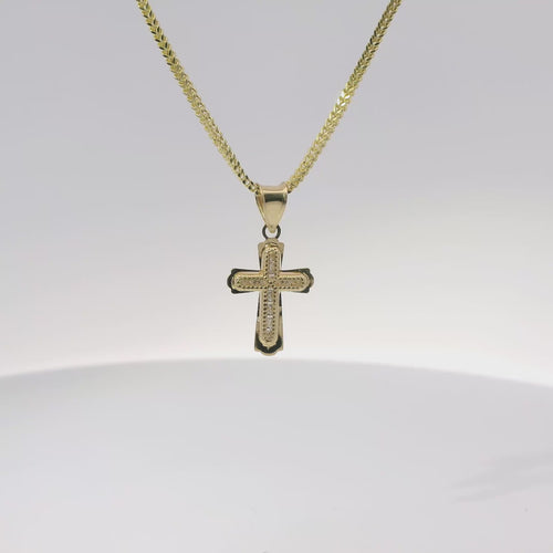14KT Gold Charm Extra Small White CZ Stones Cross Center with Plain Flared Rounded Ends Border and Plain Bell