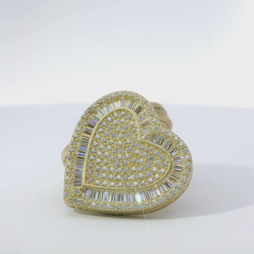14KT Gold Earrings Large Heart White Round CZ Stones Cluster Center and Edge, Baguette CZ Stones Border, Push Back Post, and Butterfly Backs