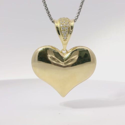 14KT Gold Charm Large Flat Back Puff Heart with White CZ Edge and Bell