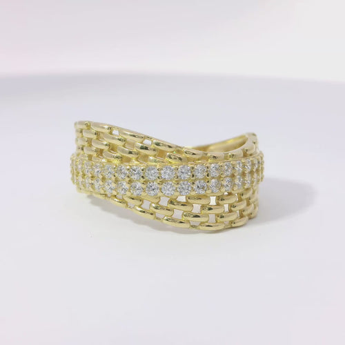14KT Gold Ring Women's Light Weight Wavy Basket Weave with Diagonal Double Row of White CZ Stones Band