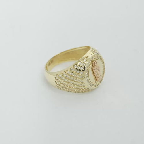 14KT Gold Ring Women's Round Two Tone St. Jude Coin Center White CZ Stones Background Edge Band with Plain Borders