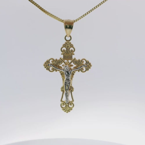 14KT Gold Charm Large Two Tone Ornate Crucifix Cross with Plain Bell