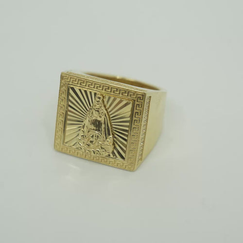 14KT Gold Ring Men's Square Caridad Cobre Greek Border with Double Row White CZ Side Stones