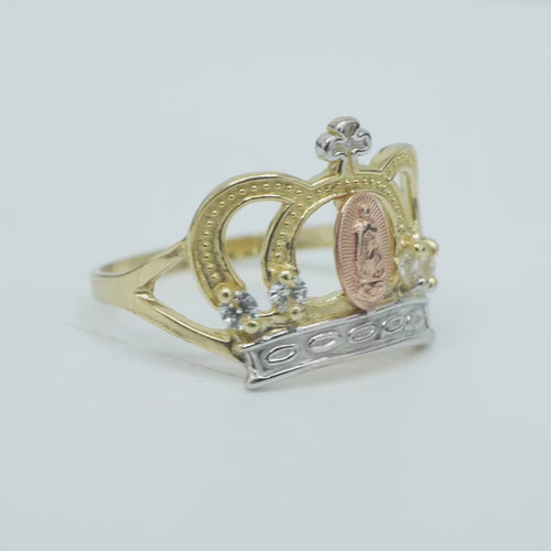14KT Gold Ring Women's Tri Tone Oval Virgin Mary Open Crown with Four White CZ Stones and Plain Split Band