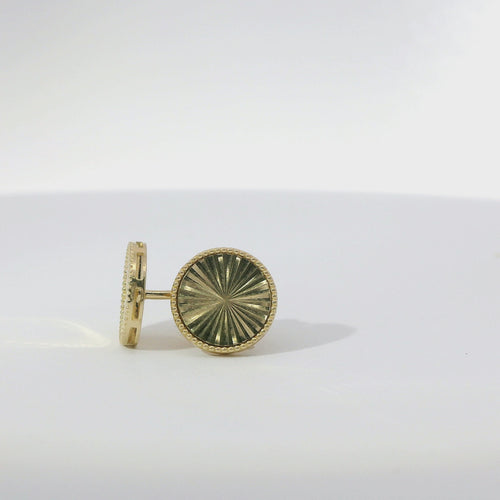 14KT Gold Earrings Small Sunray Round Circle with Dotted Border, Push Back Post and Butterfly Backs