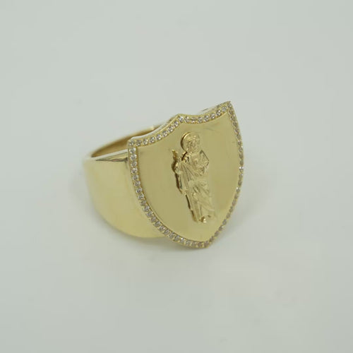 14KT Gold Ring Men's Shield St. Jude with White CZ Stones Border and Edge with Plain Shank